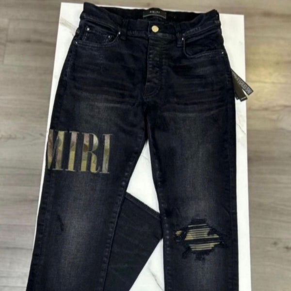 Amiri Black Camo Thigh Logo Jeans